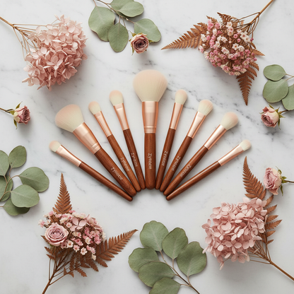Zynerae 10-Piece Makeup Brush Set flat lay on white marble with botanicals