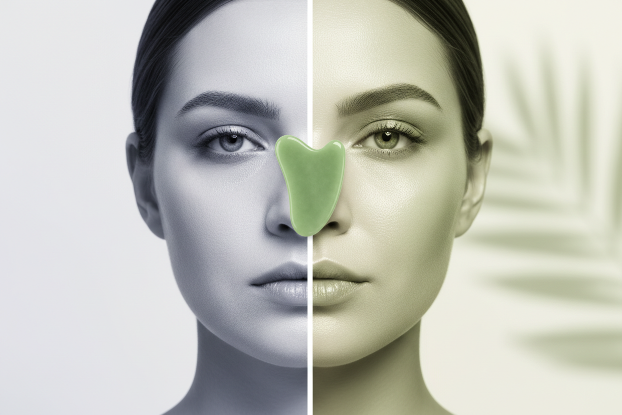 Face before and after using Jade Gua Sha & Eye Beauty Bar - Zynerae