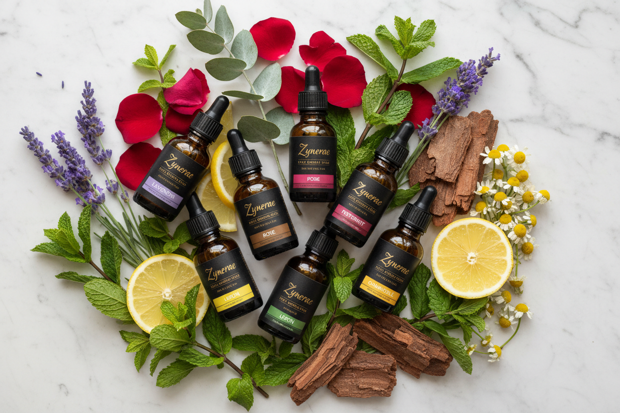 Zynerae Pure Essential Oils collection of amber glass bottles surrounded by fresh botanicals on white marble