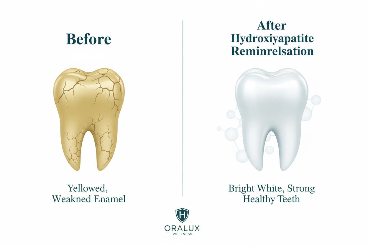 Before and after teeth comparison showing remineralisation results