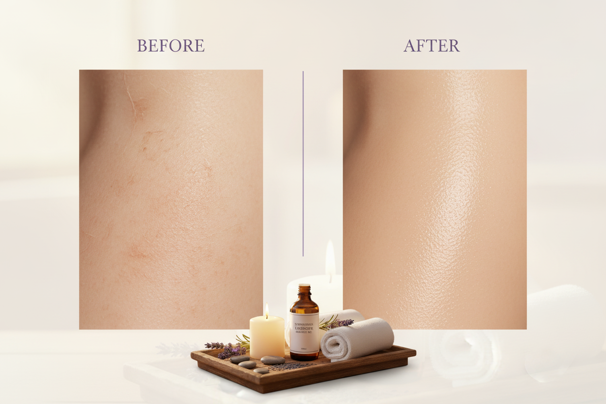 Before and after skin comparison showing results of Expressions Lavender Massage Oil