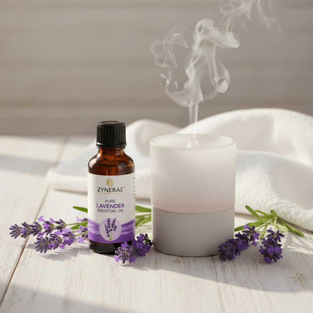 Zynerae Pure Lavender Essential Oil bottle upright beside ceramic diffuser with steam and lavender sprigs