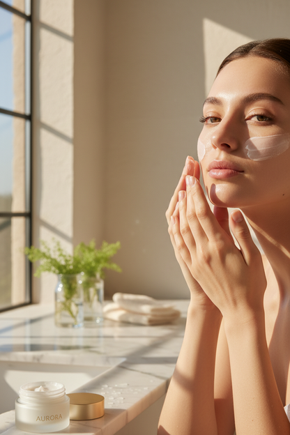 Woman applying Zynerae rejuvenation cream for glowing radiant skin