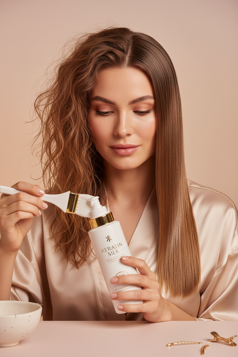 Woman applying Zynerae Keratin Treatment showing hair transformation