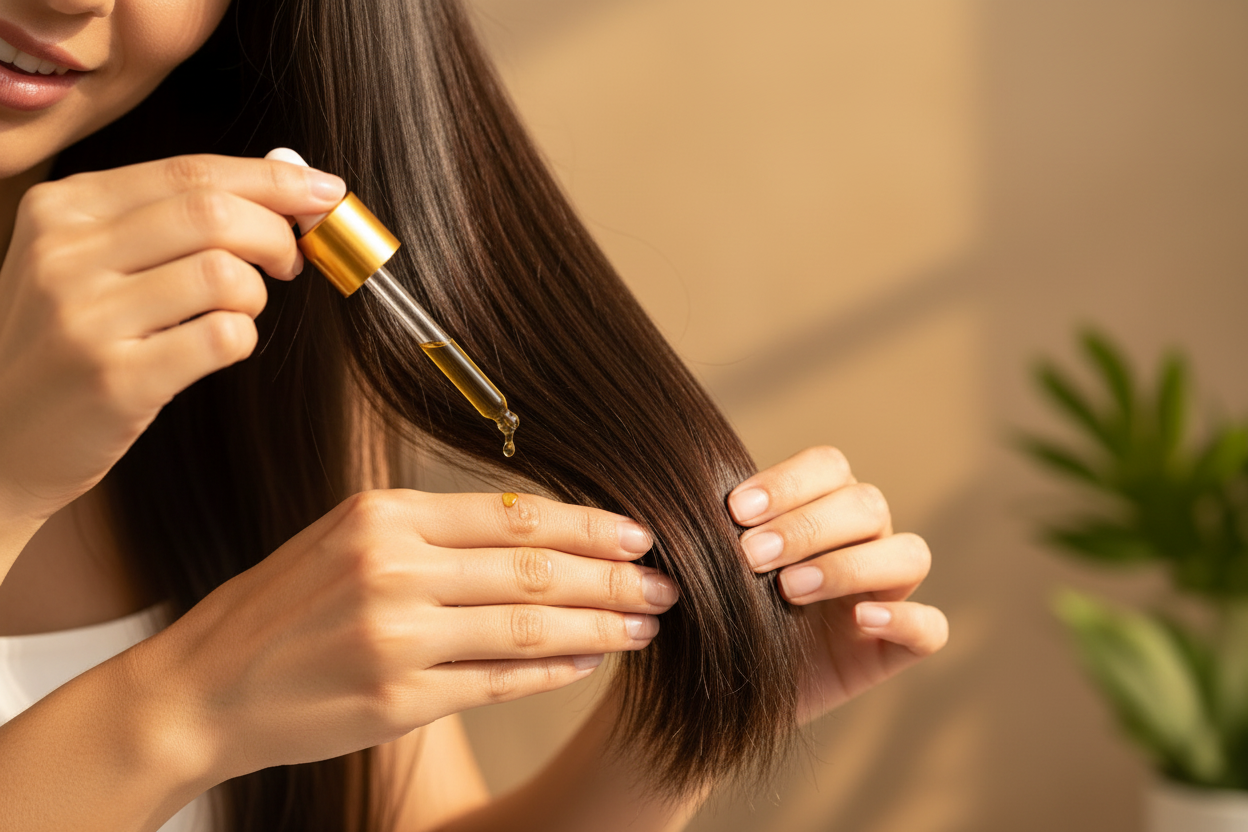 Applying Organic Castor Oil to hair ends - Zynerae