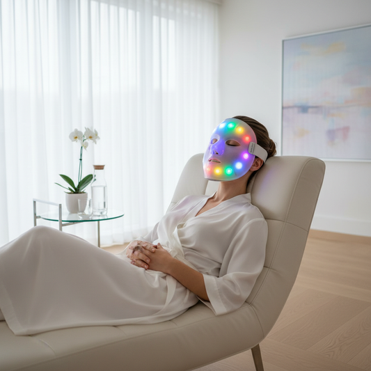 Woman wearing Zynerae 7-Colour LED Light Therapy Face Mask