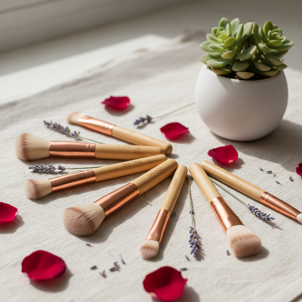 Zynerae 13PC Makeup Brush Set close-up with rose petals and lavender