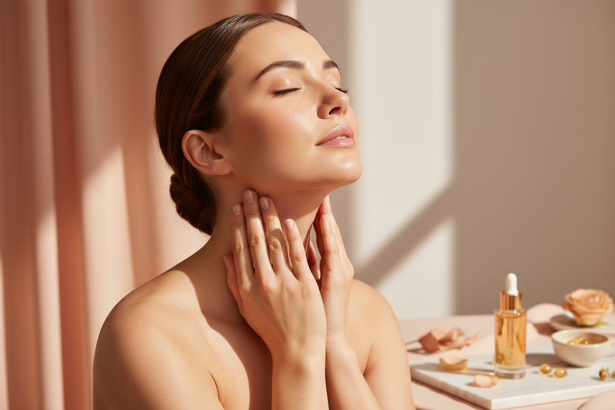 Massaging Vitamin E Facial Essence into neck - Zynerae