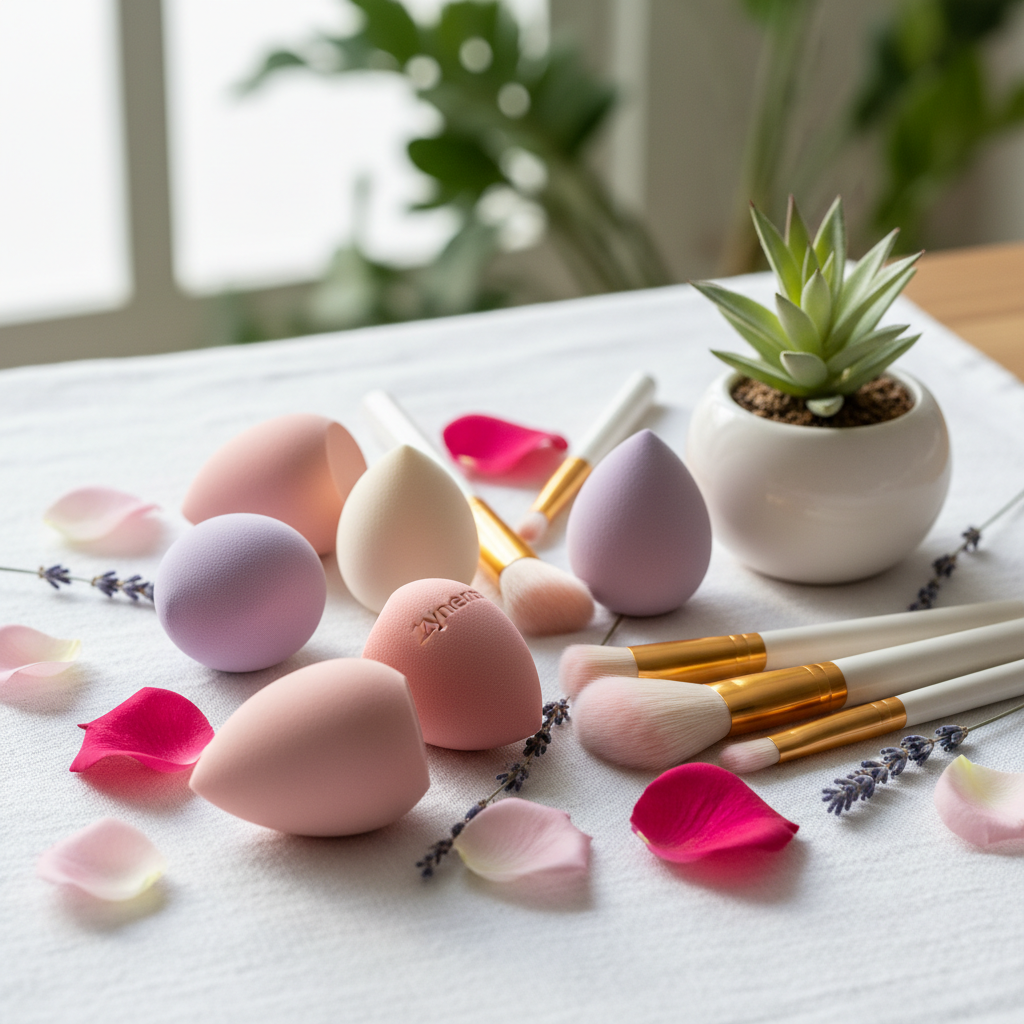Zynerae Makeup Sponges and Brushes close-up on white linen with rose petals and lavender