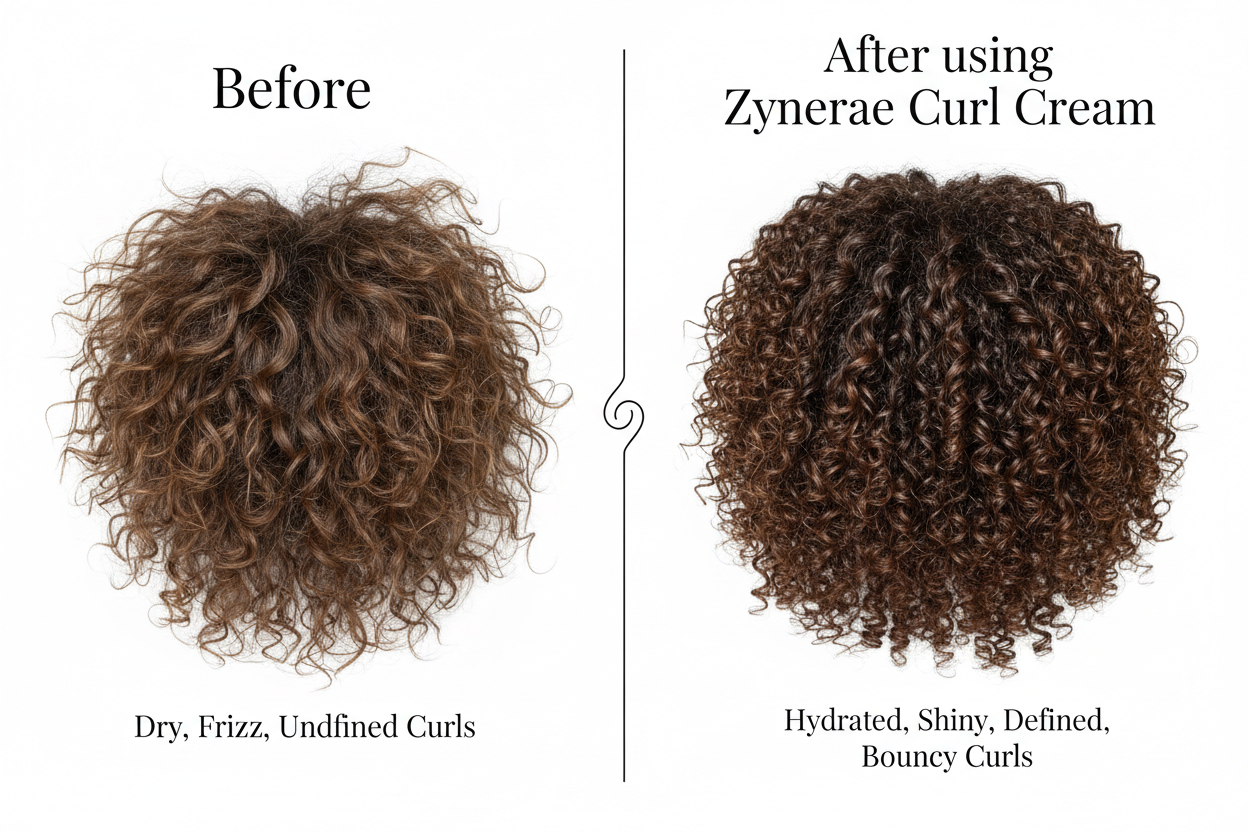Before and after comparison showing frizzy vs defined curls with Zynerae Curl Cream
