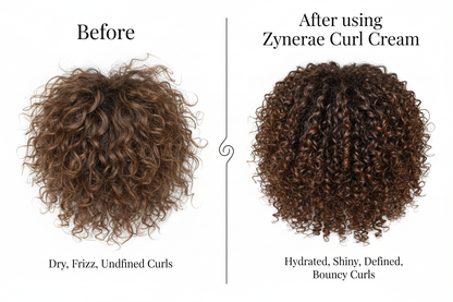 Before and after comparison showing frizzy vs defined curls with Zynerae Curl Cream