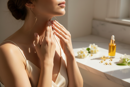 Massaging Vitamin E Supreme Care Essence into neck - Zynerae