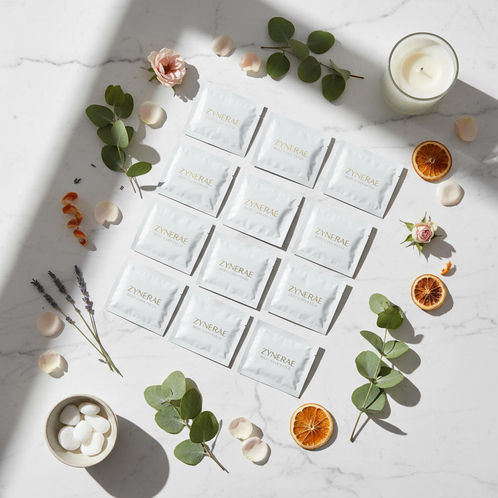 Zynerae Portable Body Care Patches flat lay on white marble with botanicals