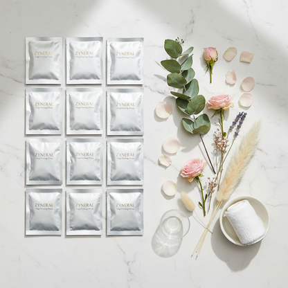 Zynerae 10PC Thigh Wraps flat lay on white marble with botanicals
