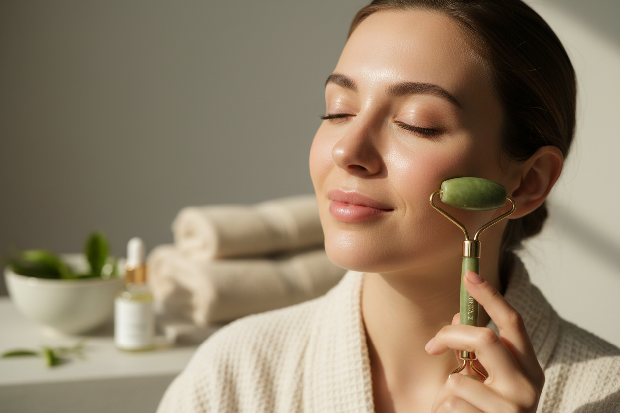 Using jade face roller on cheekbone - Zynerae