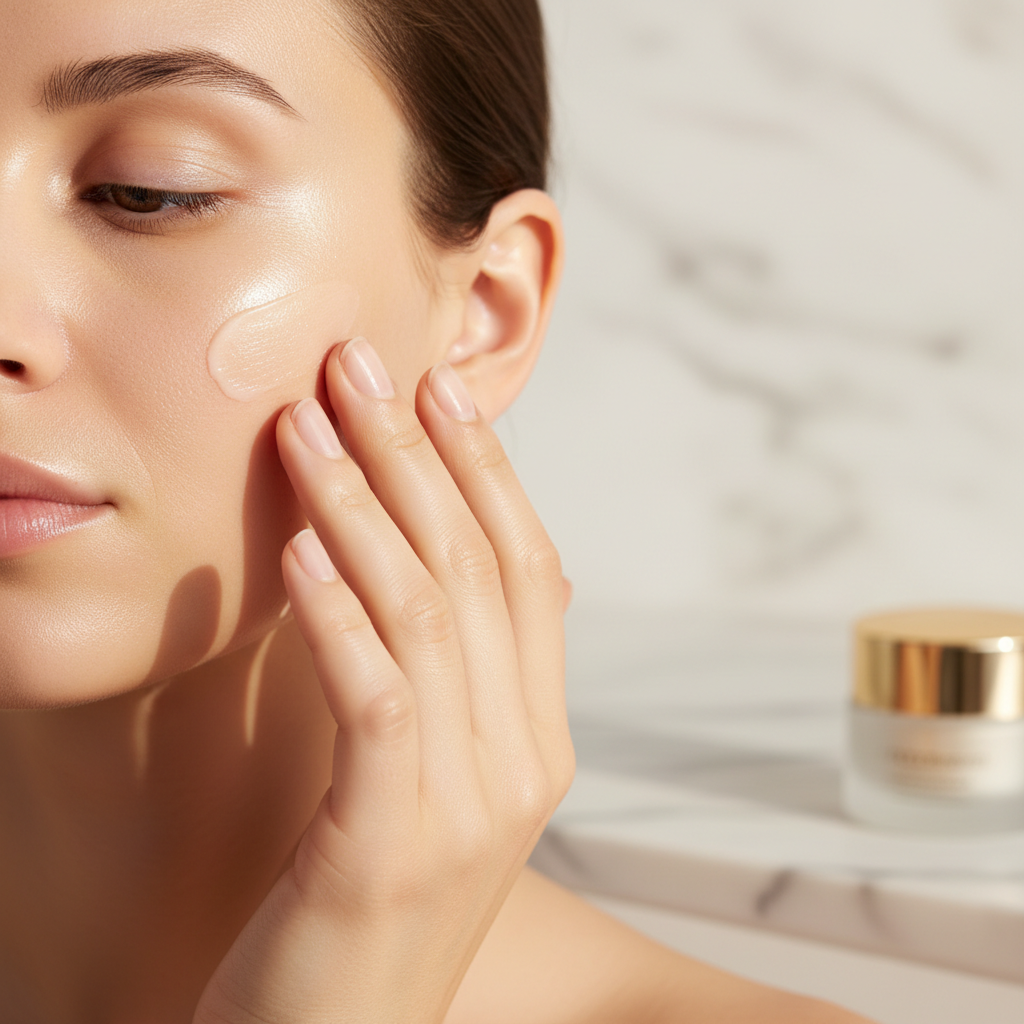 Woman applying Zynerae Anti-Aging Face Cream showing glowing skin