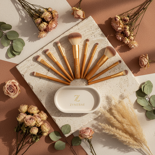 Zynerae 13PC Makeup Brush Set flat lay on stone with botanicals