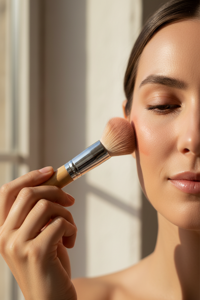 Woman applying blush with Zynerae professional makeup brush