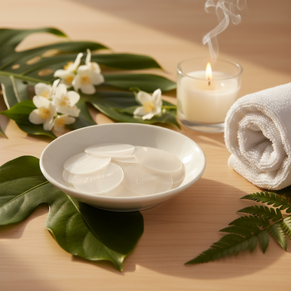 Zynerae Portable Body Care Patches in ceramic dish on spa surface with botanicals
