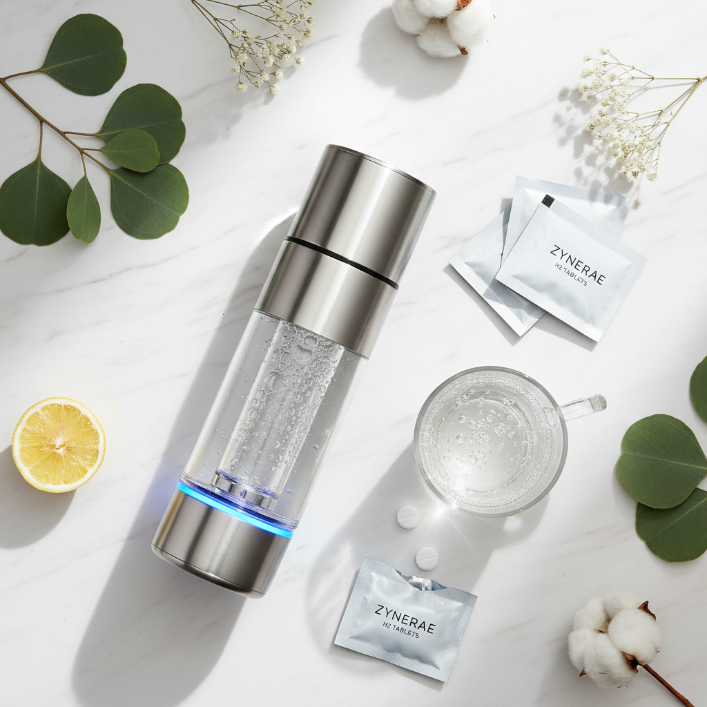 Zynerae Hydrogen-Rich Water Kit generator and tablets flat lay on white marble with botanicals