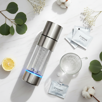 Zynerae Hydrogen-Rich Water Kit generator and tablets flat lay on white marble with botanicals