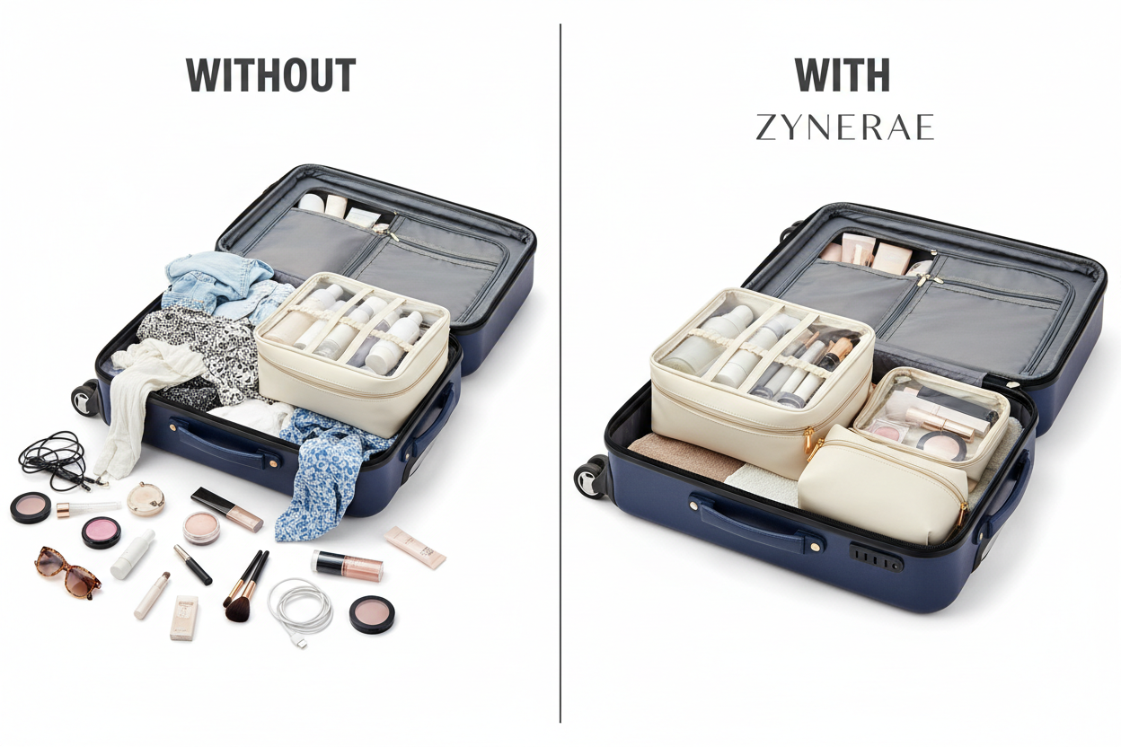 Before and after travel packing comparison with Zynerae 2-in-1 cosmetic bag