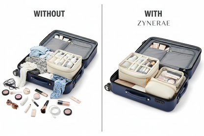 Before and after travel packing comparison with Zynerae 2-in-1 cosmetic bag