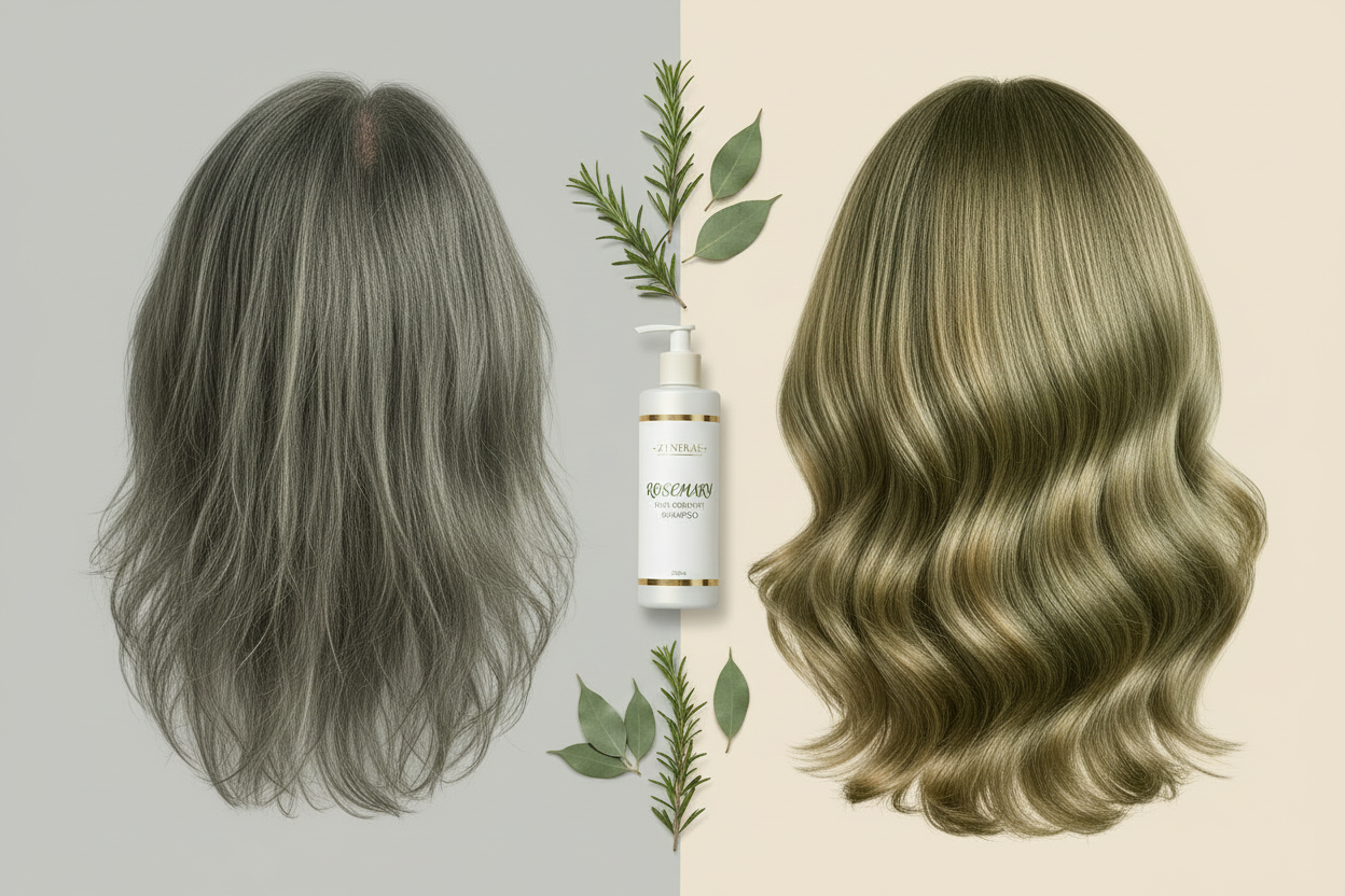 Hair comparison - thin & dull vs thick & voluminous with Rosemary Shampoo - Zynerae