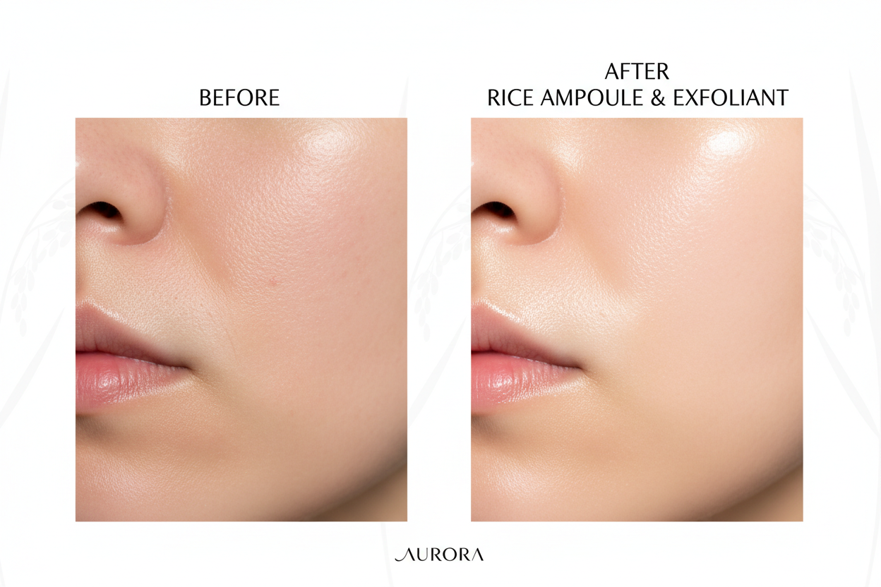 Before and after skin comparison showing brightening results from rice ampoule