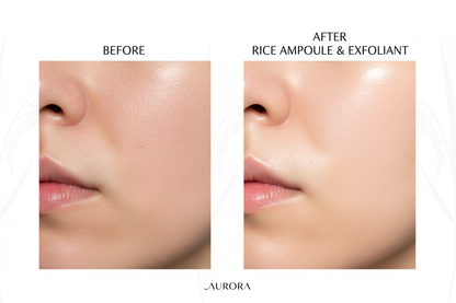 Before and after skin comparison showing brightening results from rice ampoule