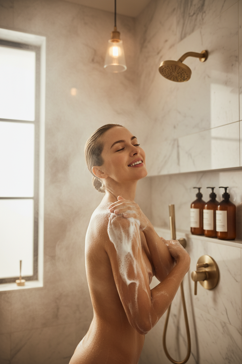 Woman applying Zynerae perfume body wash in a luxurious shower