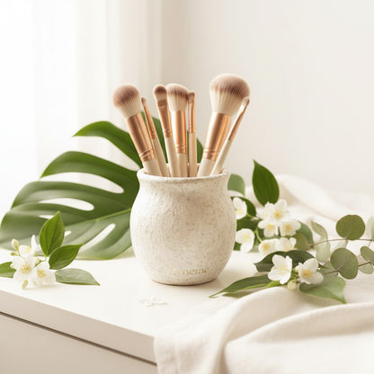 Zynerae 10-Piece Makeup Brush Set in white ceramic pot with botanicals