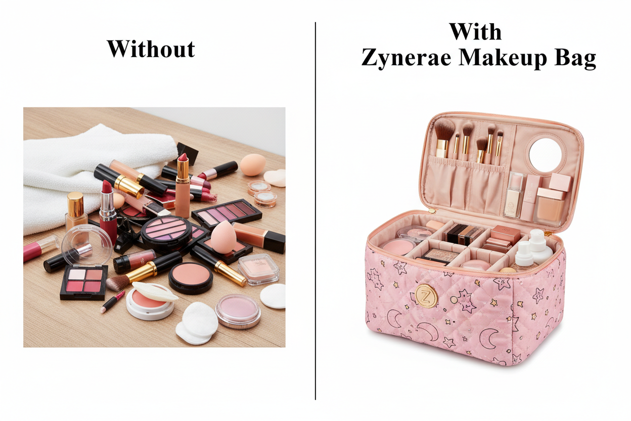 Before and after makeup organisation with Zynerae travel makeup bag