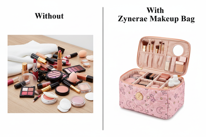 Before and after makeup organisation with Zynerae travel makeup bag