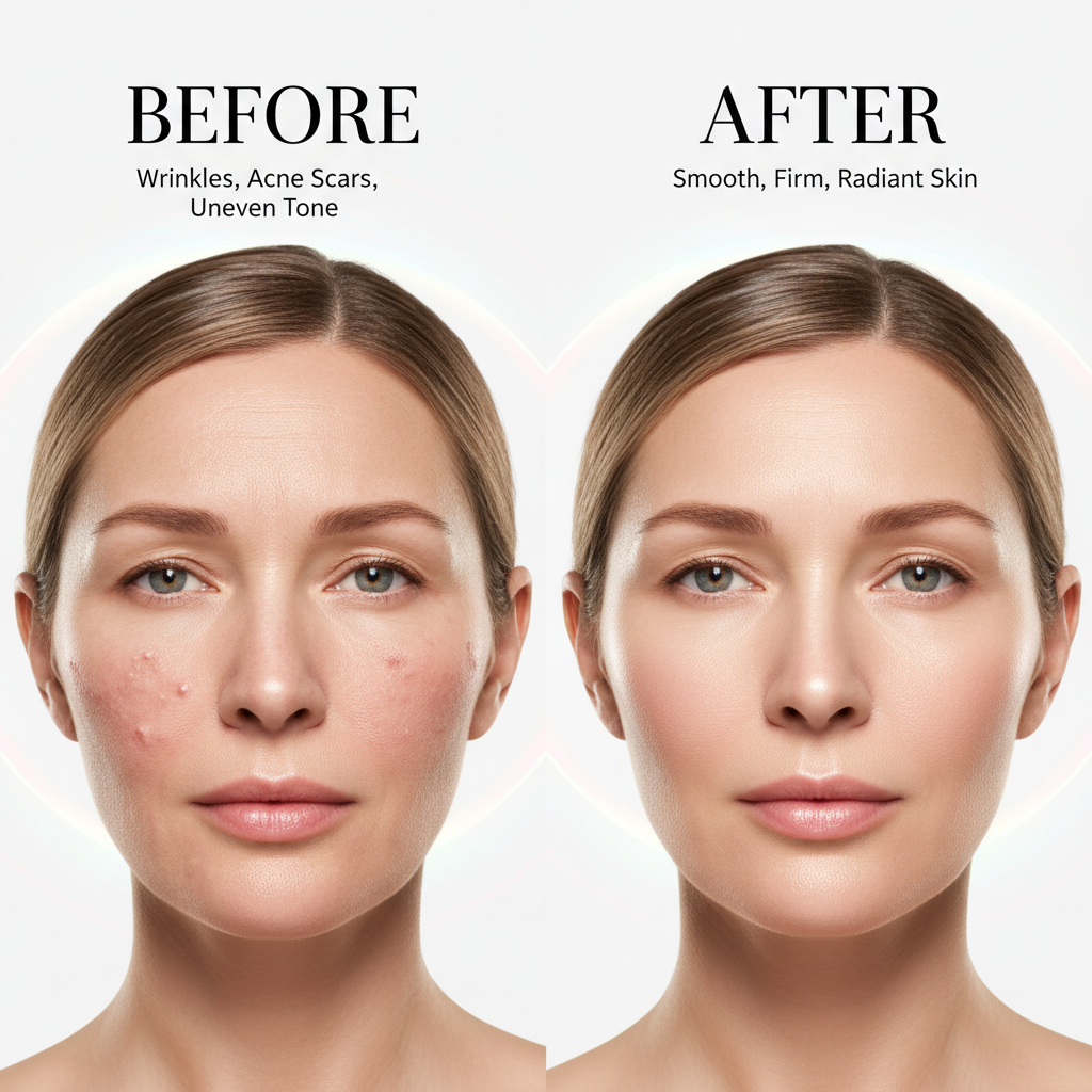 Before and after using Zynerae LED Face Mask showing improved skin texture and reduced wrinkles