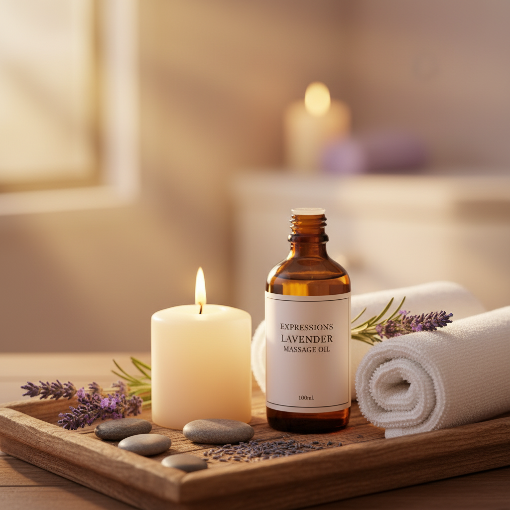 Expressions Lavender Massage Oil on a wooden spa tray with candle, towels and lavender flowers