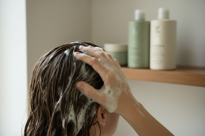 Massaging Rosemary Thickening Shampoo into scalp - Zynerae