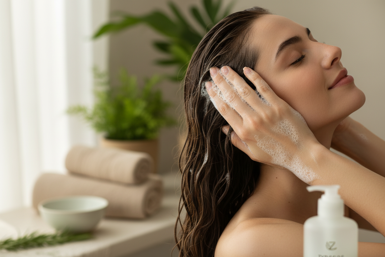 Massaging Rosemary Shampoo into scalp - Zynerae