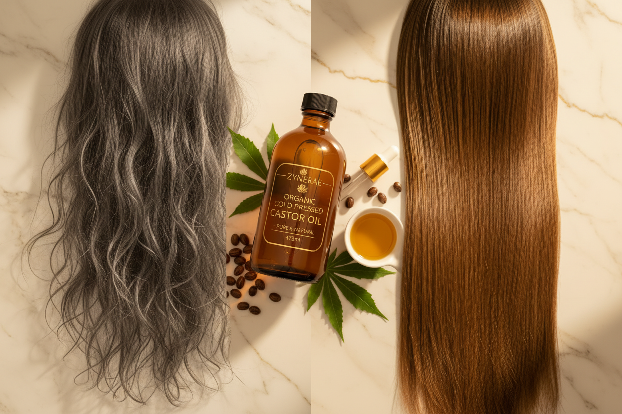 Hair comparison - dry vs nourished with Organic Castor Oil - Zynerae