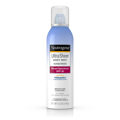 Ultra Sheer Body Mist Sunscreen Spray SPF 70, Lightweight and Water-Resistant.
